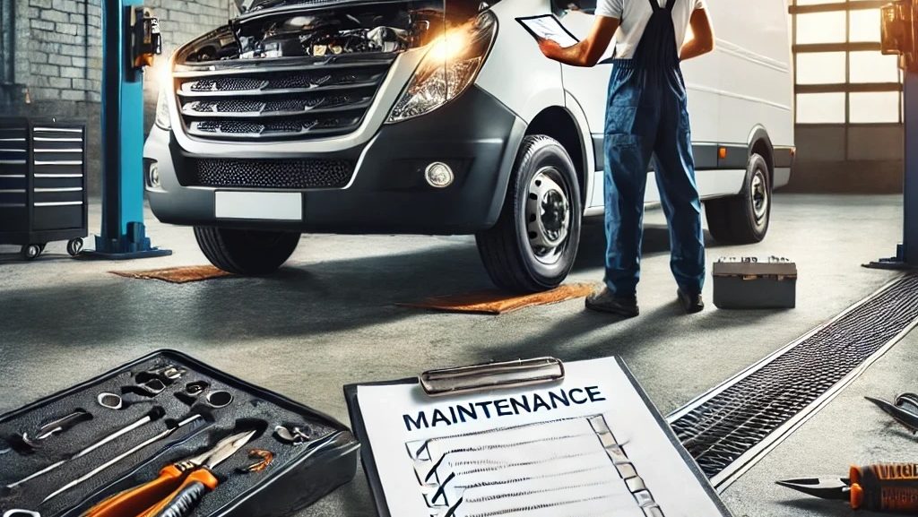 A mechanic performing routine maintenance on a commercial vehicle in a professional garage setting.