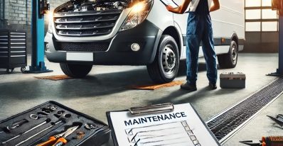 A mechanic performing routine maintenance on a commercial vehicle in a professional garage setting.